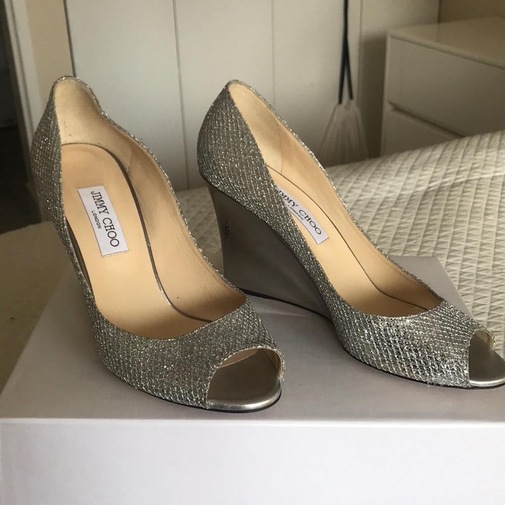 Jimmy Choo Metallic Silver Wedge Heels 41